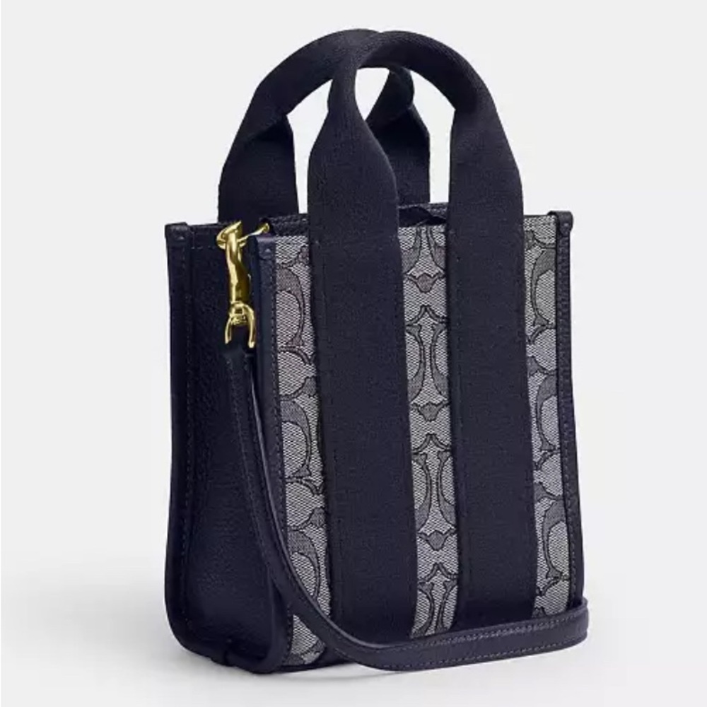 Coach NWT Smith Mini Tote Bag In Signature Jacquard. Navy & Gold. - Picture 2 of 5